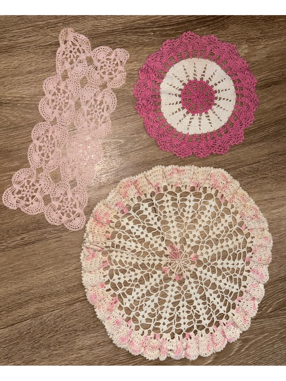 Vintage Handmade Crochet Doilies Pink White Lot of 3 D184